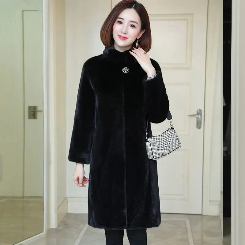 

Women Luxury Fur Jacket Winter Thick Warm Fashion Faux Fur Overcoat Stand Collar Covered Button Midi Mink Plush Teddy Coat