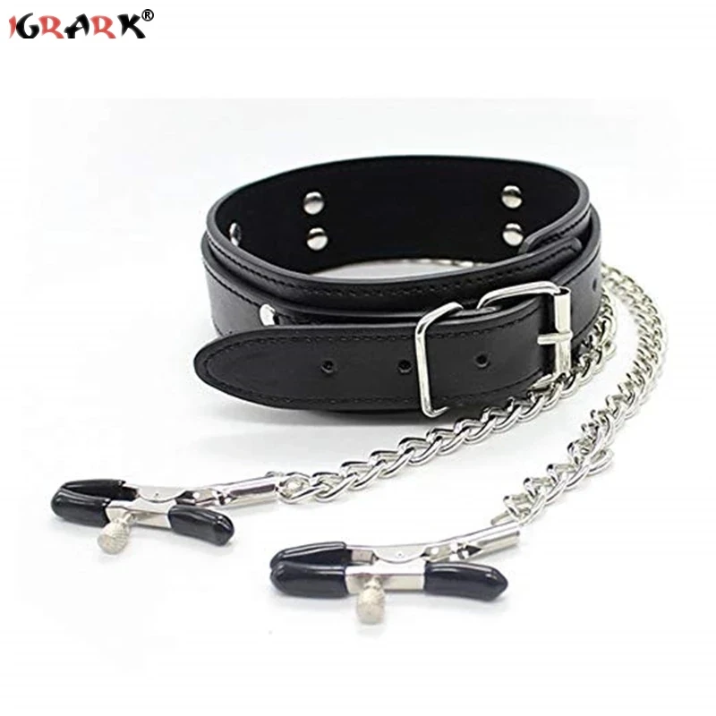 Кожаный ошейник-чокер с зажимом для груди цепочка БДСМ набор снаряжения