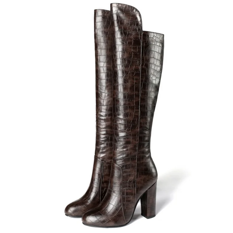 

Осенне-зимняя новая женская обувь, модные лаконичные повседневные сапоги с круглым носком светильник сапоги до колена из лакированной кожи на молнии и квадратном каблуке