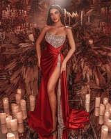dubai luxury beading evening dress 2021 red satin arabic high split formal party prom gowns