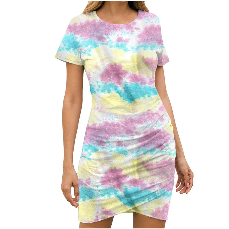 

2021 New Summer Dress Casual Short Sleeve Tie dye Gradient irregular Print Mini Dress Women Package Hips Slim Dress Vestidos