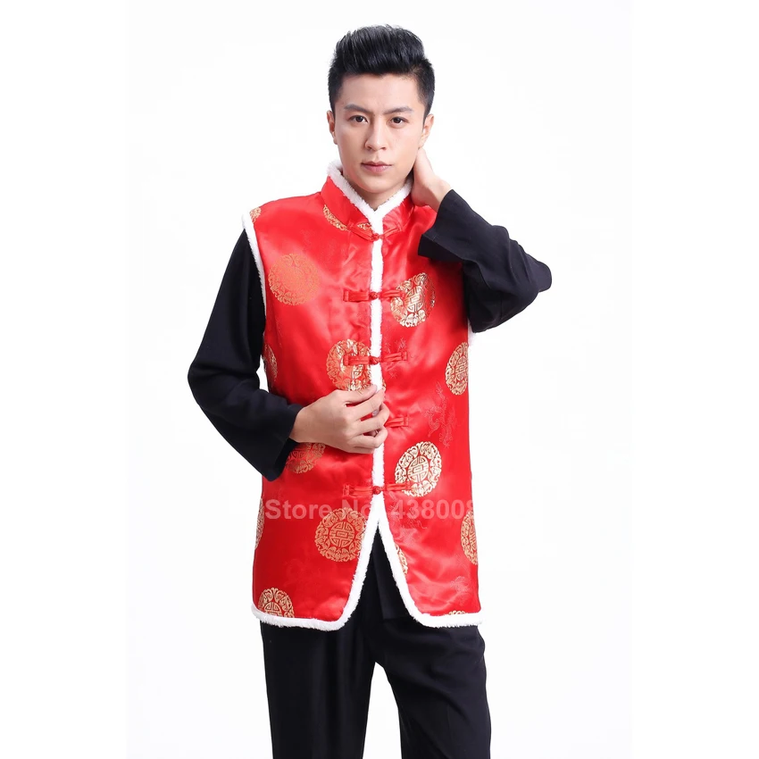 

Chinese New Year Clothing Men Women Vest Red Fur Thick Keep Warm Jacket Tang Suit Winter Spring Festival Performance Wear