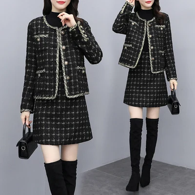 

Fragrance Womens Winter Tweed 2 Piece Skirt Suits Plaid Blazer And Skirts Set Ensemble Femme Survetement Conjunto Feminino