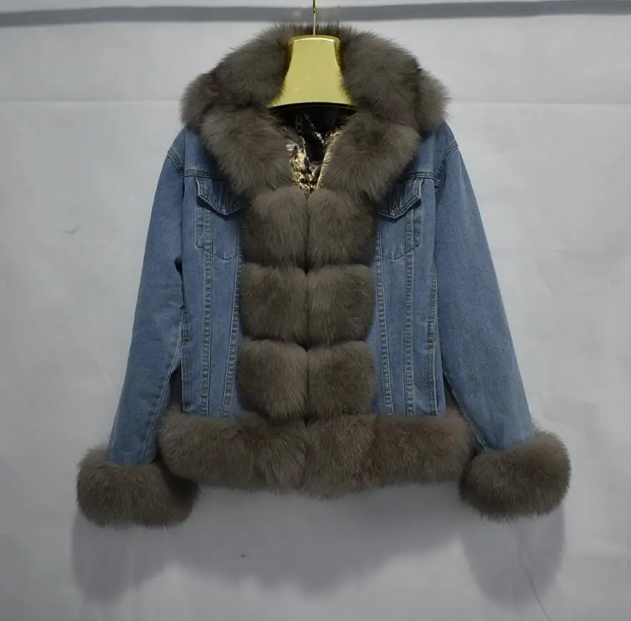reference picture Новинка, Женское пальто из натурального Лисьего меха, модная джинсовая куртка с карманами и воротником из натурального меха, уличная женская куртка из натурального Лисьего меха - Цвет: reference picture