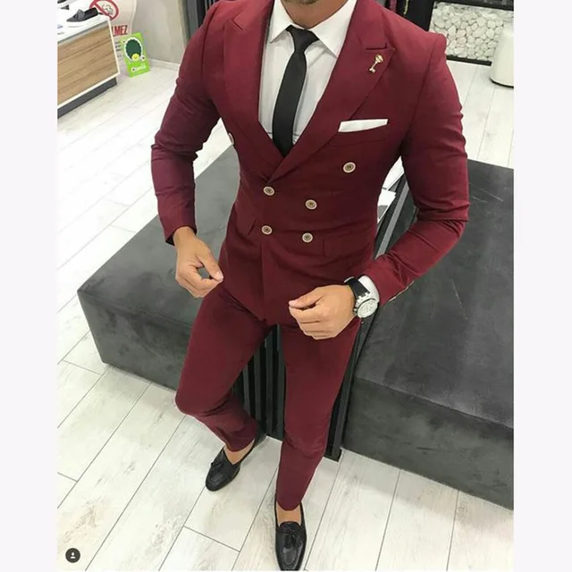 

Slim Fit Double Breasted Business Suits Pants Tailored Made Burgundy Wine Red Groom Best Man Wedding Suits Party Prom Blazer