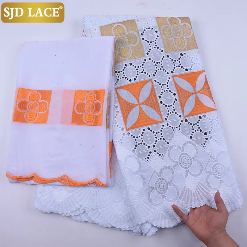 

SJD LACE African Cotton Lace Fabric 5+2Yards Swiss Voile Lace In Switzerland With Stones Punch Cotton For Wedding Party Sew2018B