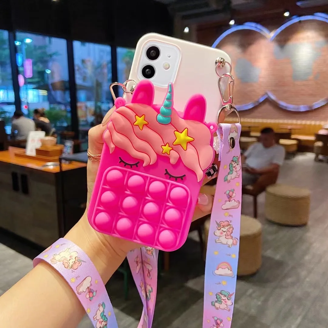 

Cute 3D Cartoon Unicorn Bubble Silicone Wallet Phone Bag For iPhone 13 12 11 Pro 5s 6s 6 7 8 Plus X Xr Xs Max Cover Crossbody