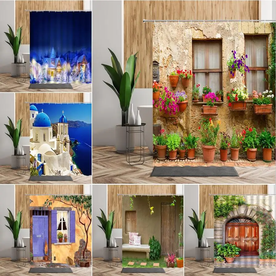 

Занавеска для душа с цветочным принтом в виде сада, занавеска для ванной комнаты, 3D занавеска в горшке, улица, Скандинавская стена, тканевый ...