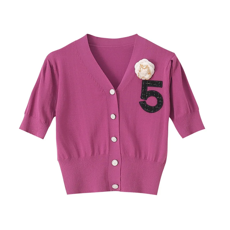 

2021 Summer New Flower V-neck Sweater Thin Slim-Fit Slimming Short-Sleeved T-shirt Women's Top