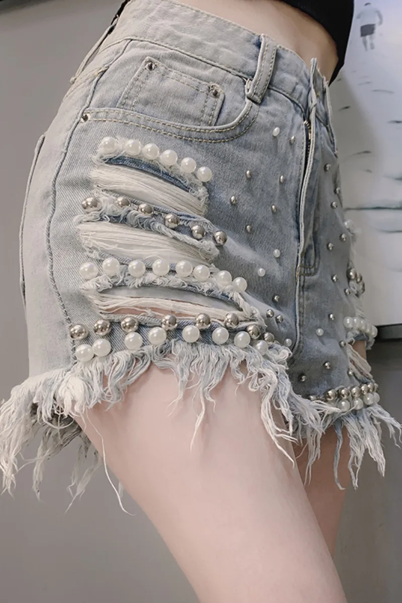 

Korean Style 2021 Summer New Thin Hot Jeans Shorts Female Pearl Beaded Brushed Ripped High Waist Slim Denim Shorts for Women
