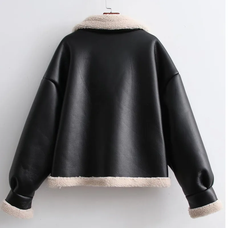 Elegant Faux Leather Lamb Jacket PU Winter Black Vintage Turn Down Collar Thicken Warm Outwear Zipper Streetwear Female Jacket enlarge