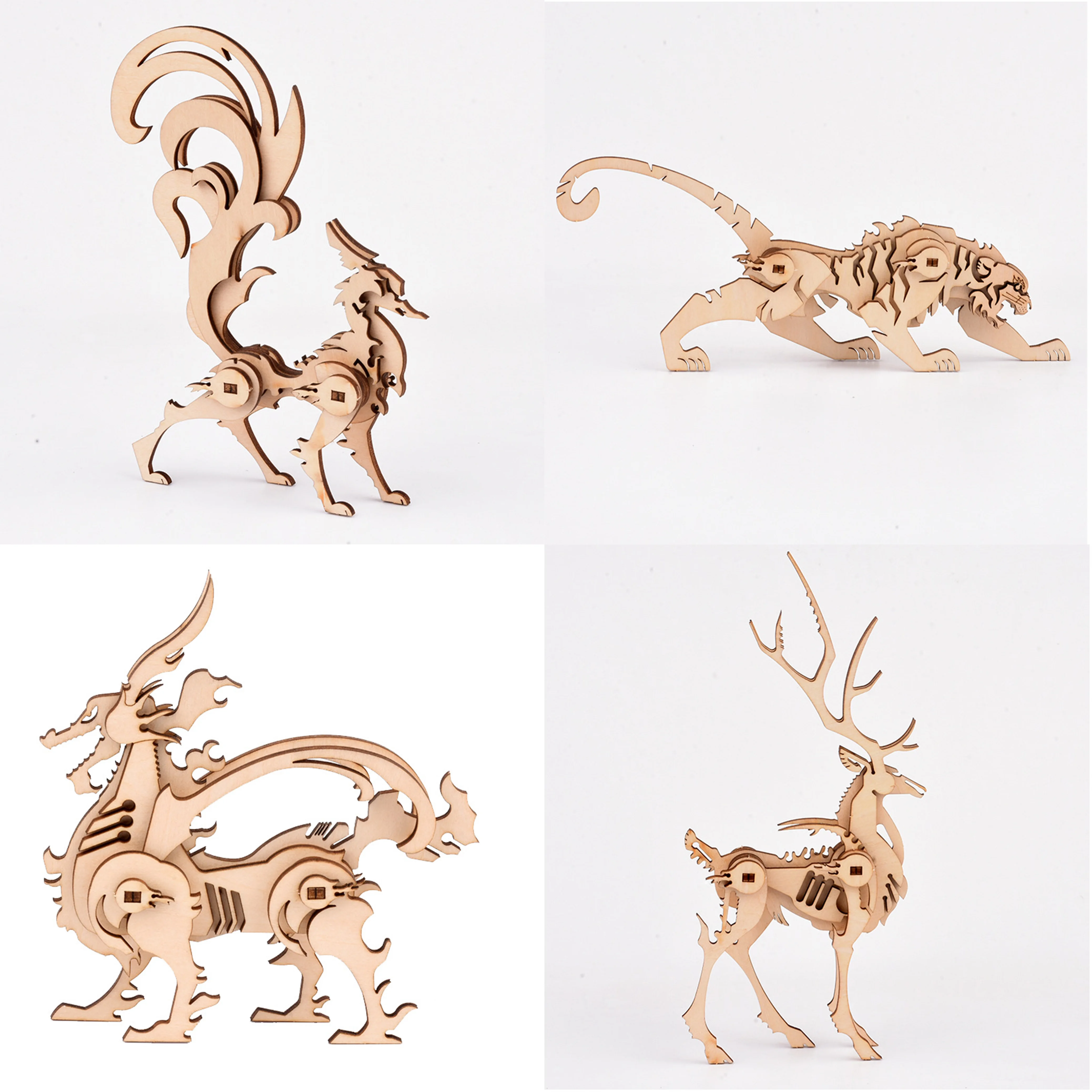 Фото DIY лазерная резка 3D Деревянный пазл Животные Олень Тигр лиса Дракон игрушки