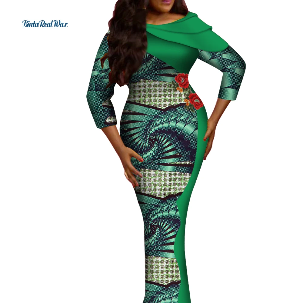 

Новая африканская одежда базин богатый Африканский принт Длинные прямые платья для женщин осень 100% хлопок Каскадный воротник платье WY523