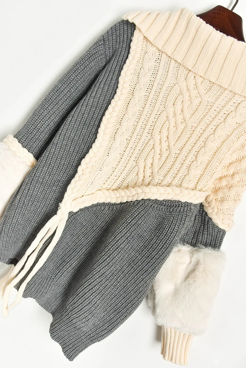 

New Sweater Women 2019 Winter Cardigan Irregular Thick Female Loose Patchwork Zipper Knitted Faux Fur Sleeve Coat Casual Outwear