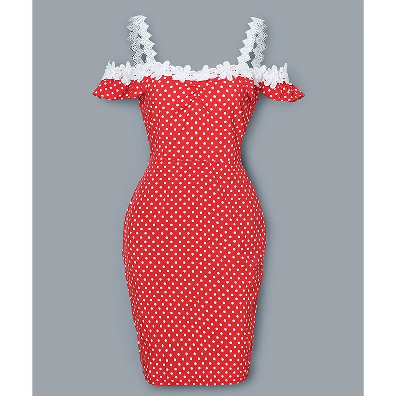 Women Lace Applique Off Shoulder Dots Print Dress Cold Polka Dot Red Slim Fit Casual Party Vestidos | Женская одежда
