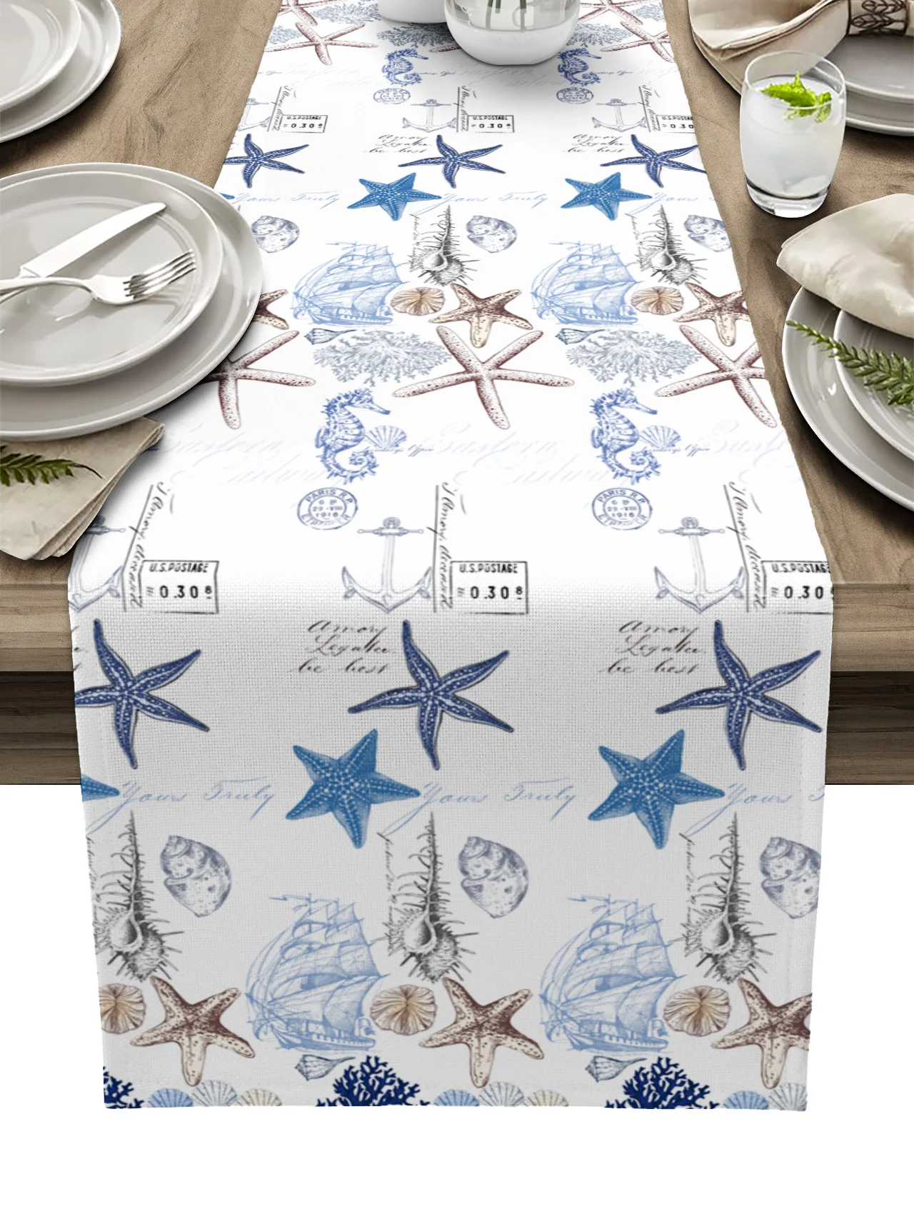

Marine Texture Seashells Starfish Seahorse Table Runner Christmas Dinner Table Decoration Tablecloth Wedding Decor Table Cover
