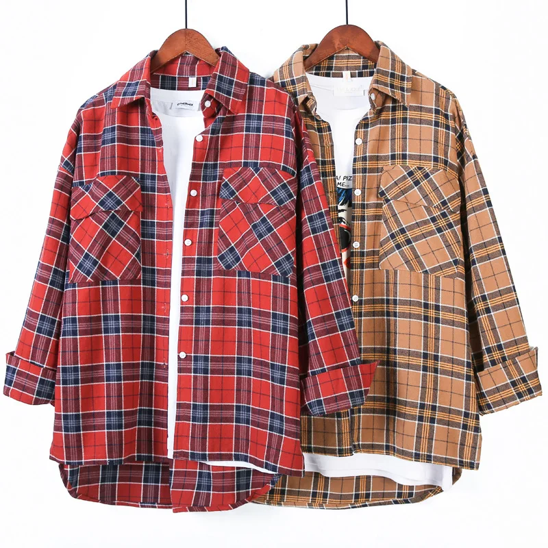 Женская Длинная блузка на пуговицах свободная в клетку с принтом одежда для