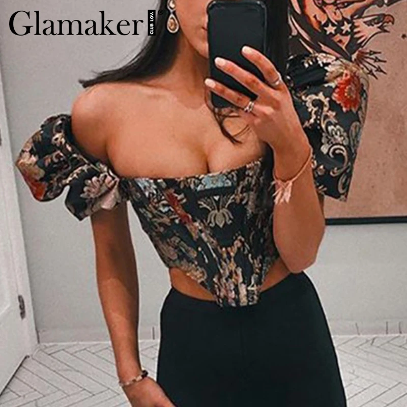 Glamaker Цветочная вышивка пышная блуза с рукавами фонариками для женщин