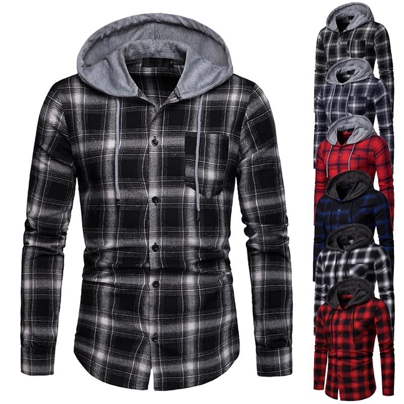 

Sweatshirt Hoodie Men Long Sleeve Flannel Hoodie Shirts for Men Spring Autumn Plaid Button Closure Shirt