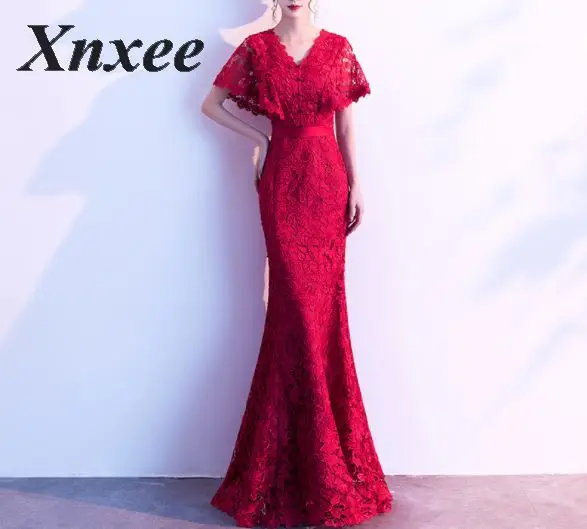 Xnxee сексуальное однотонное Красное Кружевное длинное платье с длинным рукавом