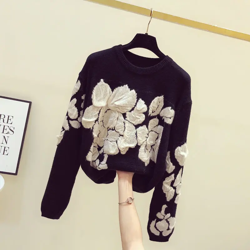 

2021 Autumn Winter Clothes for Women Three-dimensional Flower Pullovers Top Retro Loose Long-Sleeved Warm Sweaters Y279