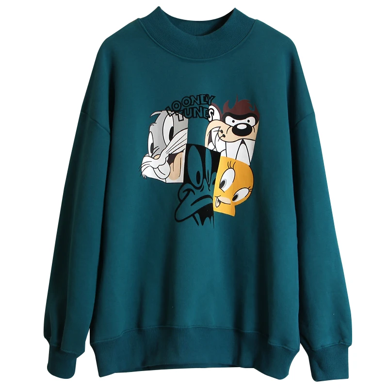 

New Spring Autumn Winter Women Thick Warm Clothes High Collar Cartoon Printing Cotton Sweatshirts All-match Loose Pullovers Tops