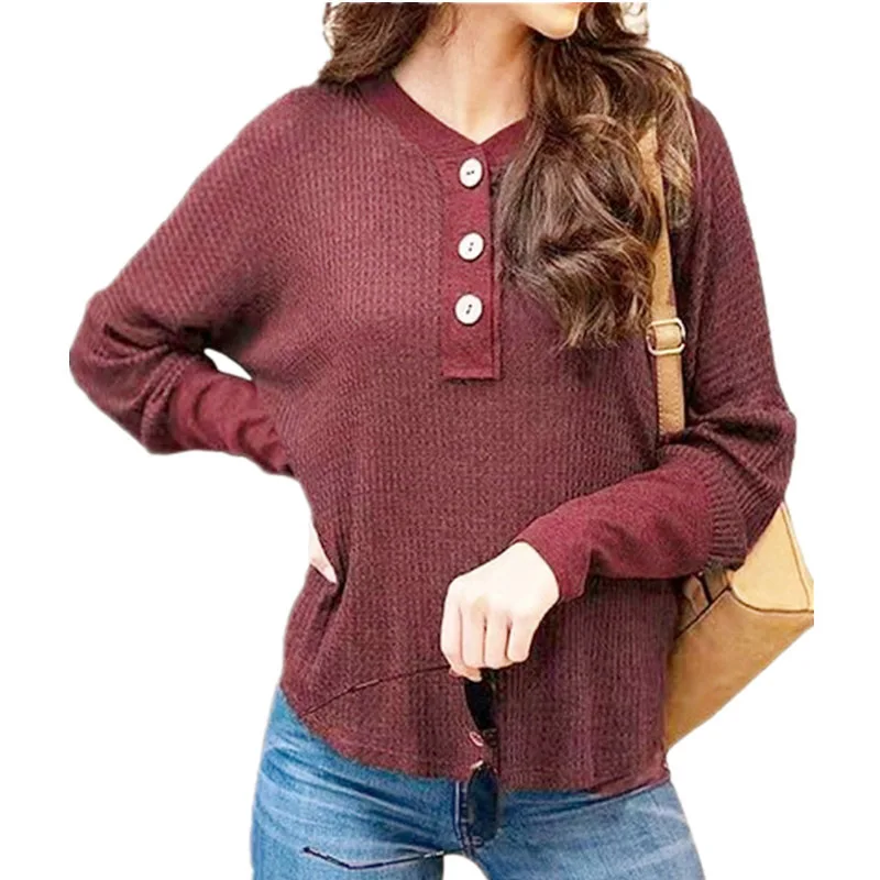 

2022 Women New Fashion Autumn Temperament Solid Color V-neck Clothes Loose Button Comfortable And Versatile Long Sleeves T-shirt