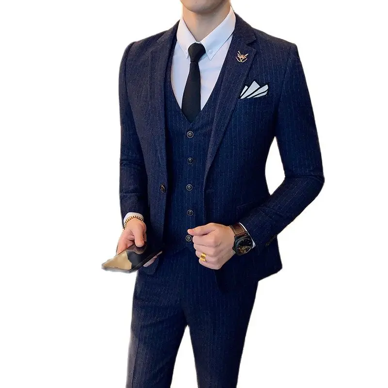 Темно синий полосатый костюм 3 1 предмет Для мужчин (пиджак + жилет штаны) деловые