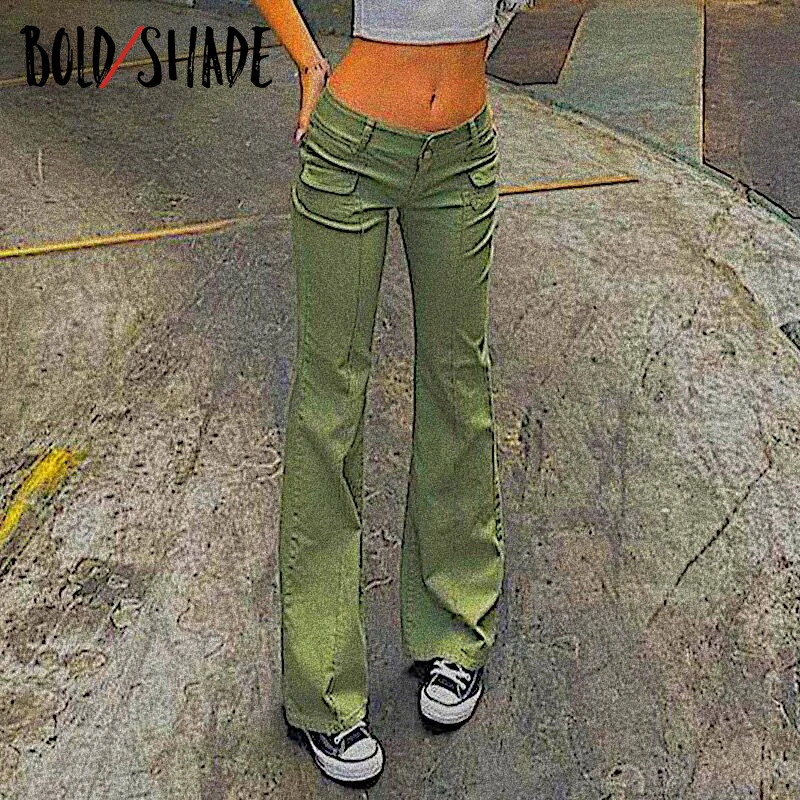 

Bold Shade Street Style Urbano Women Jeans Low Waist Solid Y2K Grunge Fashion 90s Army Green Jeans Autumn Skinny Boot Cut Pants