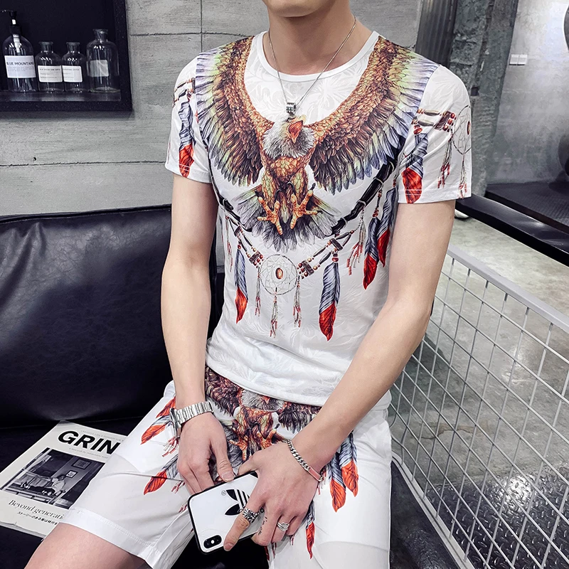 Модный летний спортивный костюм Мужская футболка с принтом орла Повседневная +