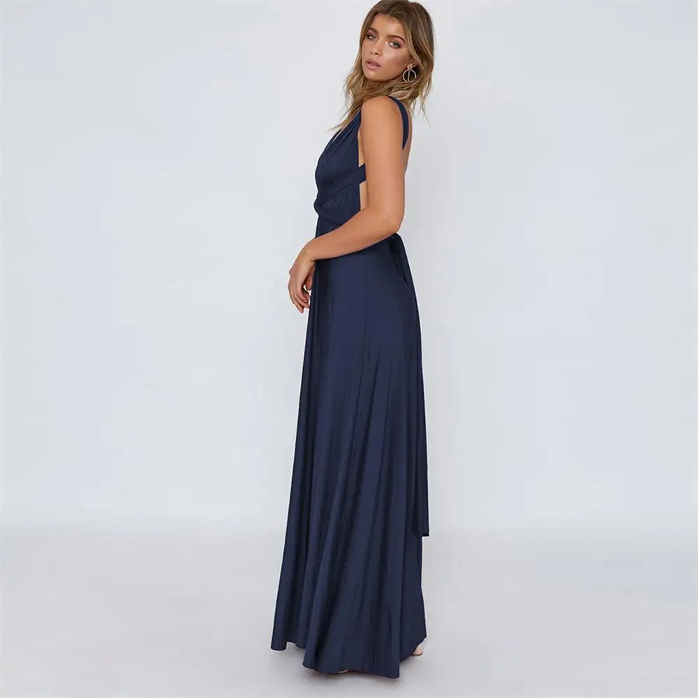New Pure Color Covertible Bridesmaid Dresses Pleated Floor length Country Beach Wedding Guest Party Gowns Cheap Long Prom Dress