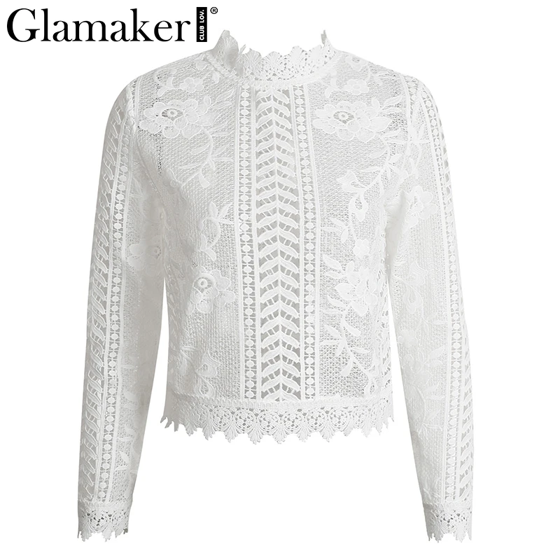 Белый Glamaker, сексуальная белая кружевная блузка, рубашка, женские топы, элегантная открытая блузка, летние топы, женская блузка с длинным рукавом, blusas - Цвет: Белый