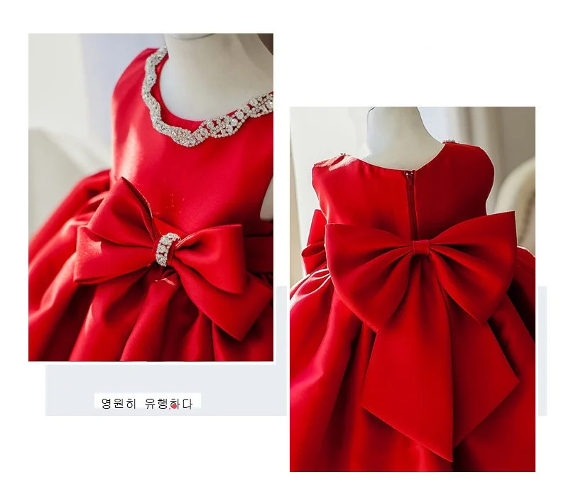 

Red Satin Princess Baby Girls Dress Bead Bow Birthday Evening Party Infant Dress for Girl Gala new Year Kid Clothes 1-8Year