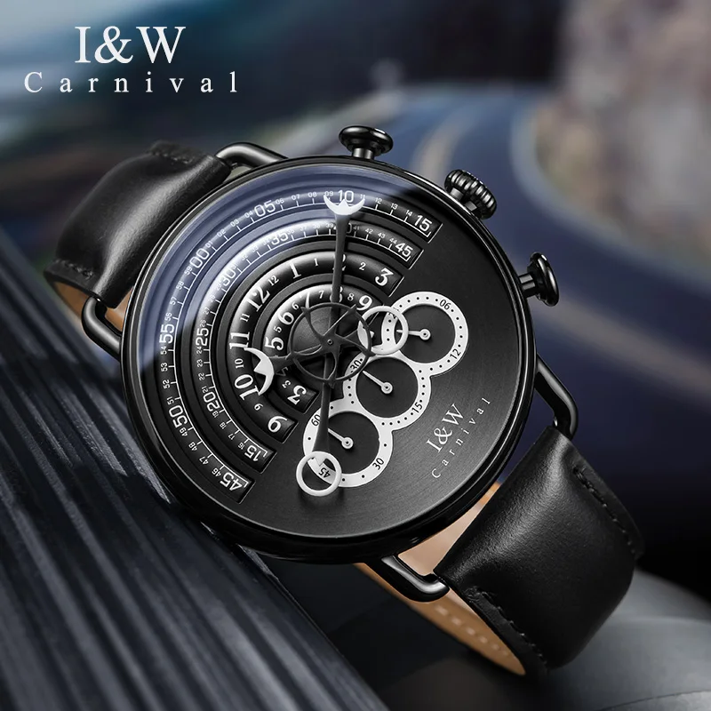 CARNIVAL Fashion Black Technology Multifunctional Watch For Men Top Brand Luxury Sapphire Sport Chronograph Quartz Watches Mens