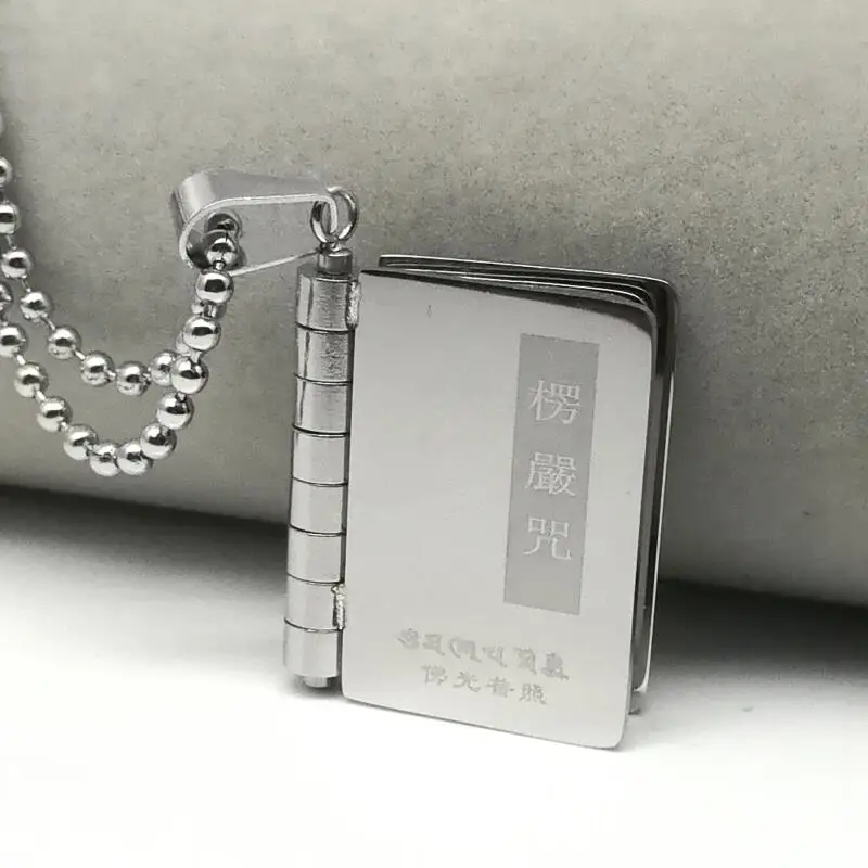 

LOOKER Men Stainless Steel Indian Buddhist Scriptures Textbooks Shape Pendant Necklace Can Turn Pages Male Jewelry