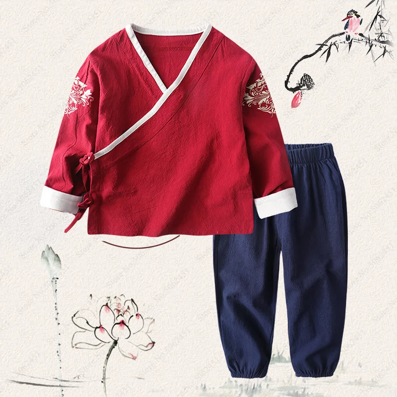 Китайский стиль детский хлопковый льняной традиционный костюм Hanfu Wu Tang