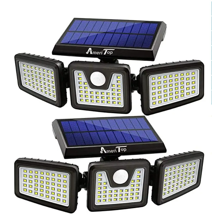 MEMEOKON Solar wall light, 3 head motion sensor light, adjustable 128/70 LED outdoor spotlight, 360° rotatable IP65/2pcs