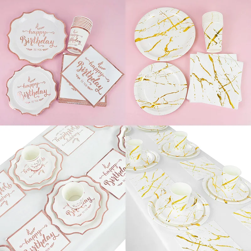 

8-16pcs/set Gold Foil Marbling Disposable Tableware Paper Plates Napkins Happy Birthday Party Favor Decor Wedding Party Supplies