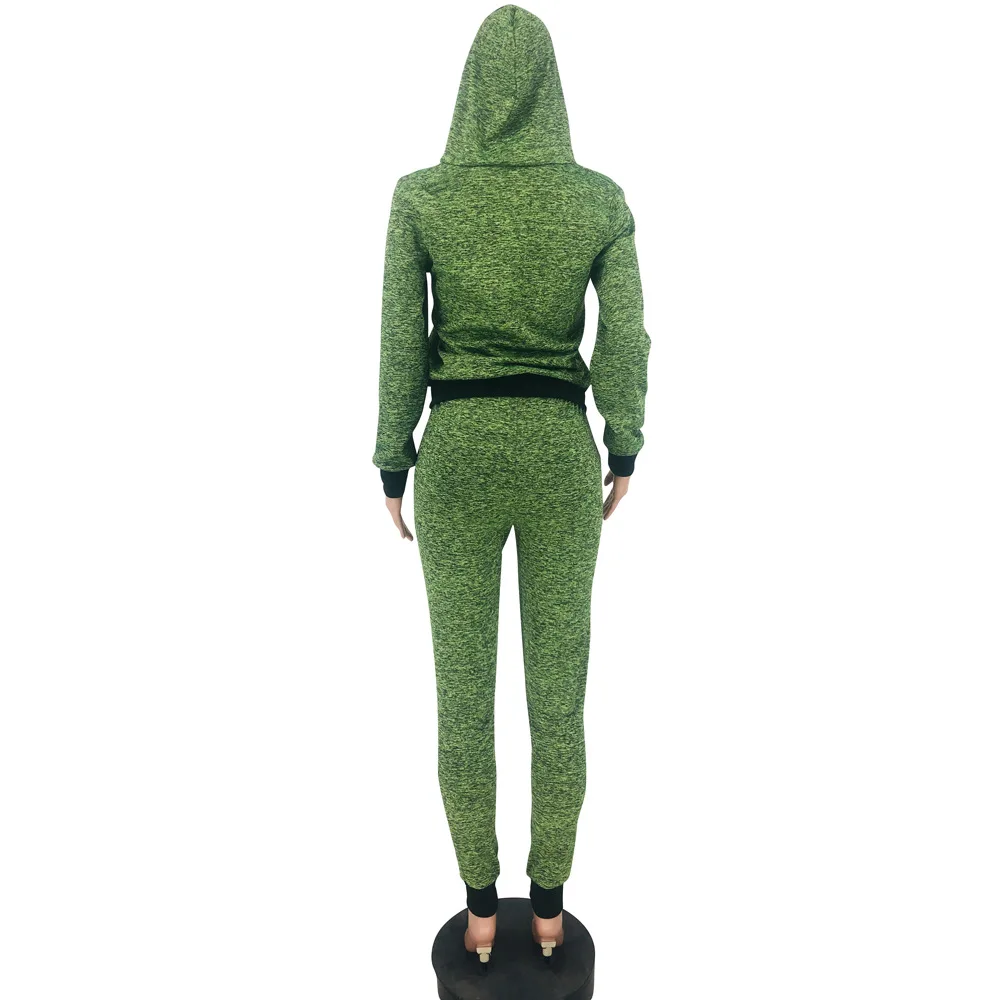

Streetwear Sporty Workout Two Piece Club Outfit for Women Green Print Hooded Long Sleeve Jackets and Pencil Legging Sweat Suits