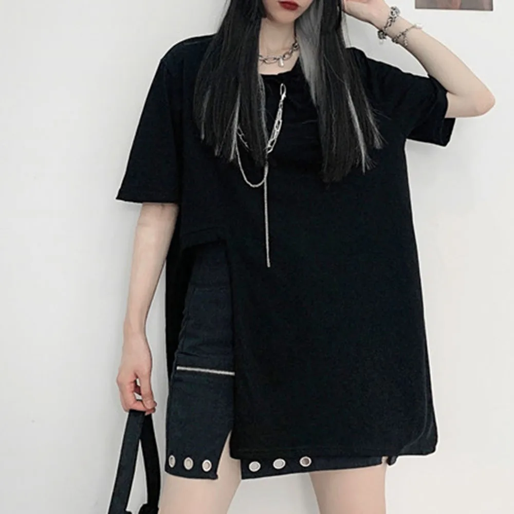 

2021 Summer High Street Fashion Design T-Shirt Loose Casual Hipster Irregular Split Fork Chain Solid Color Round Neck Summer