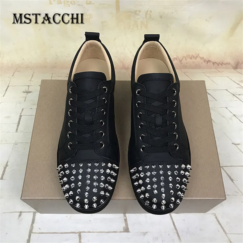 MStacchi Genuine Leather Men's Vulcanized Shoes Rivet Lace Up Lovers Shoes Solid Color Round Toe Cross-tied Flat Men Shoes 2021