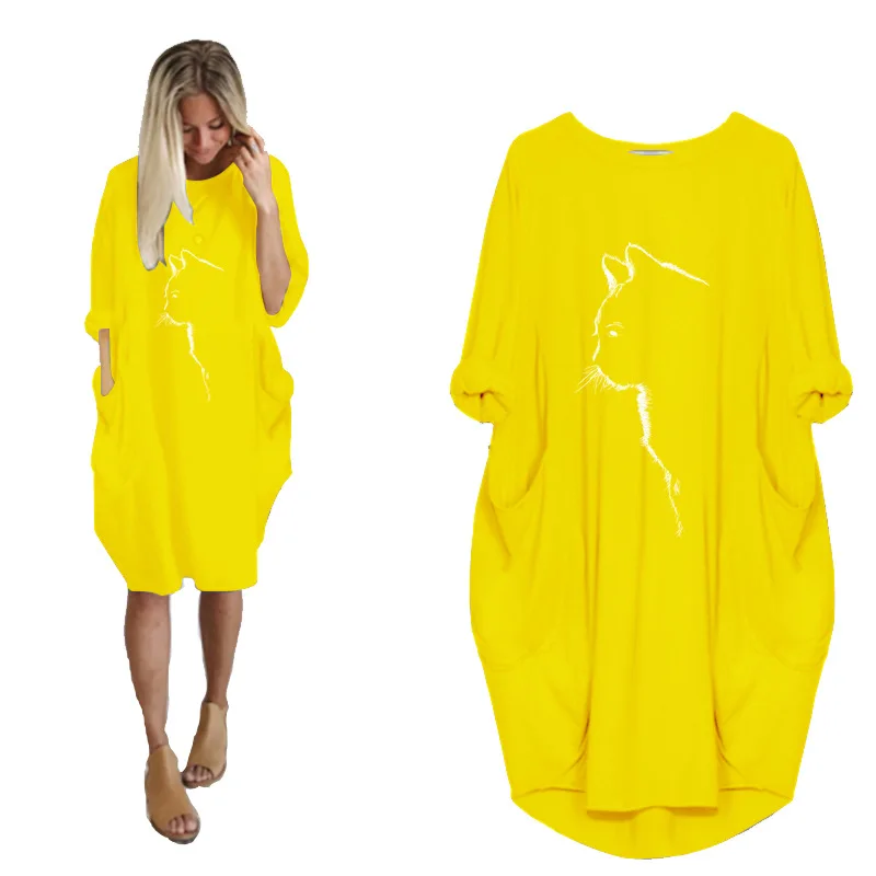

2021 summer new women's casual loose pocket long sleeve plus cat print plus size fat sister dress