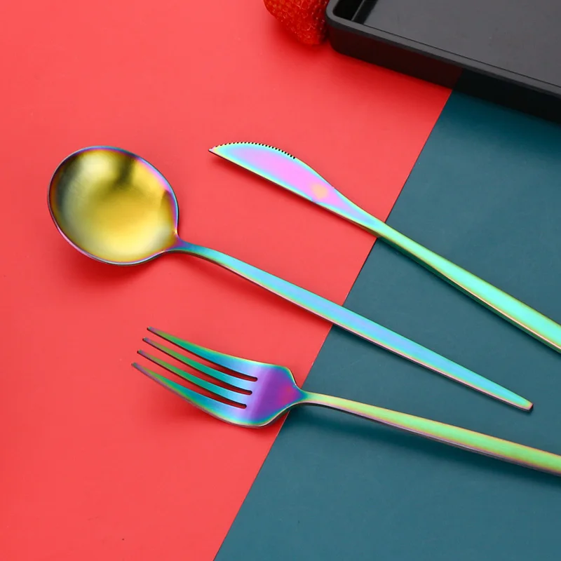 

Rainbow Cutlery 16Pcs/Set Kitchen Spoons Forks Knives Matte Cutlery Western Dinnerware Set Stainless Steel Complete Cutlery Set