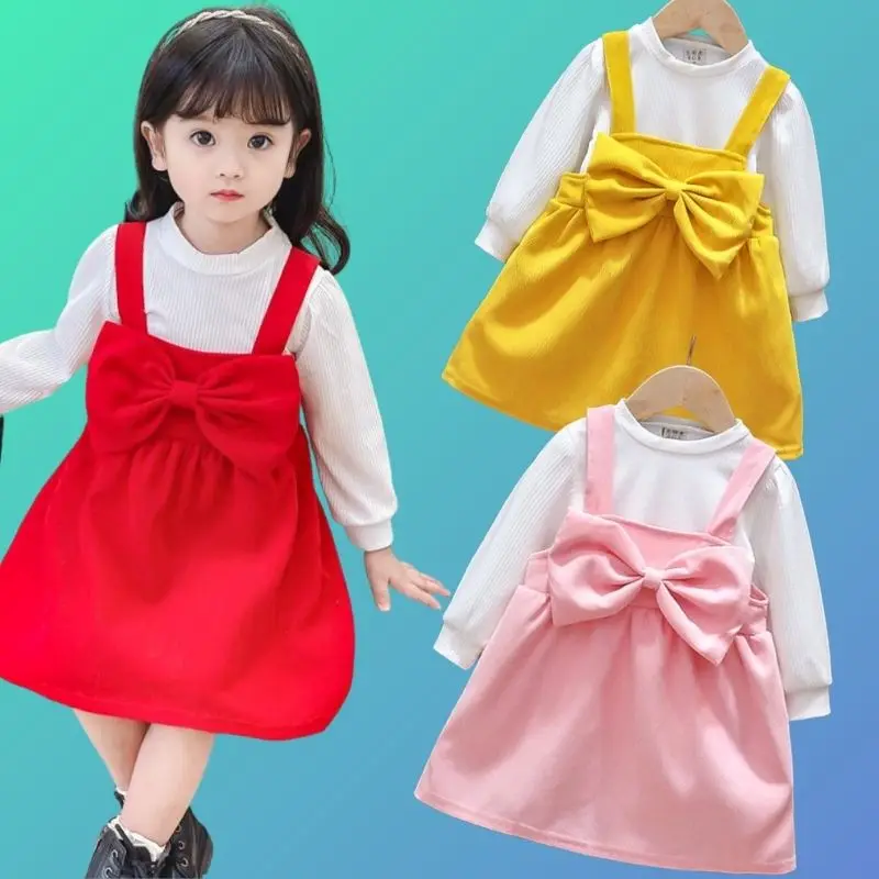 

Children New Year's Big Bow Dress Full Sleeve Suit For Girls Autumn Clothes Korean White T Shirt Dress Baby Sweet Vestidos 2-8Y