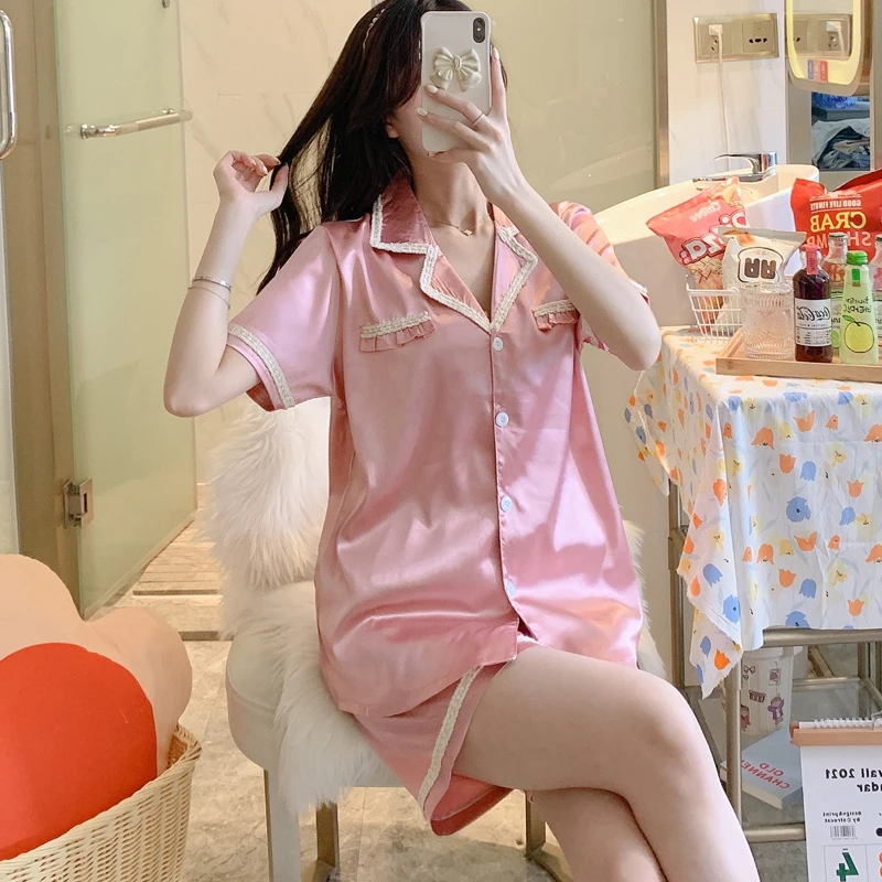 CAIYIER Summer Blue Pajamas Women Silk Short Sleeve Sleepwear Suit Lace Lace Small Fragrant Wind Girl Nightwear Home Wear Shorts