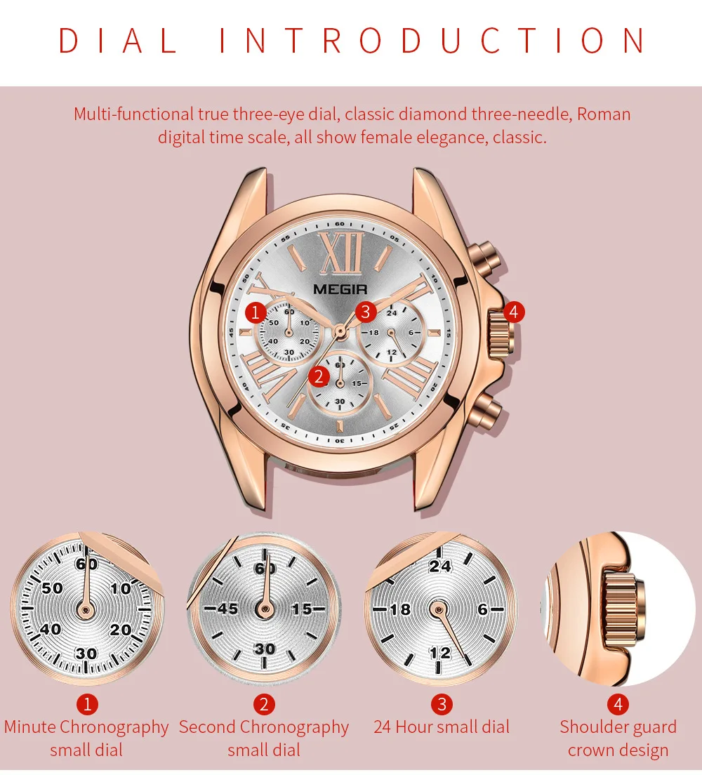 MEGIR женские часы циферблат с римскими цифрами роскошные розовое золото
