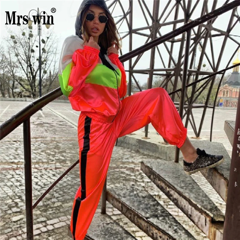 Женский сексуальный тренировочный костюм печворк на молнии с капюшоном длинным