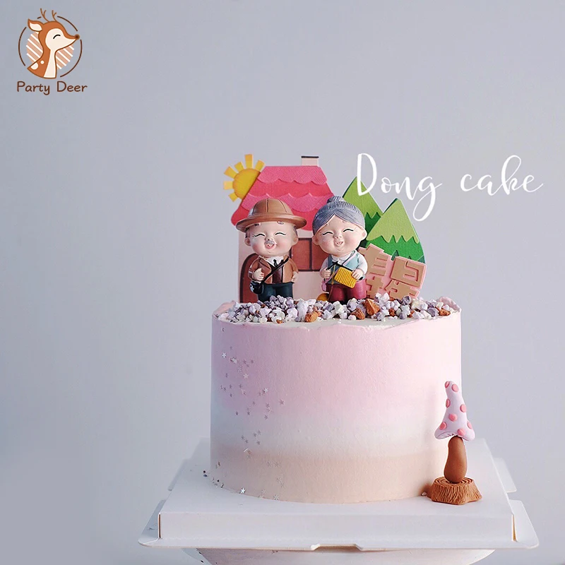 Смола старый парные фигурки дедушка бабушка статуя подарки юбилей свадьба торт