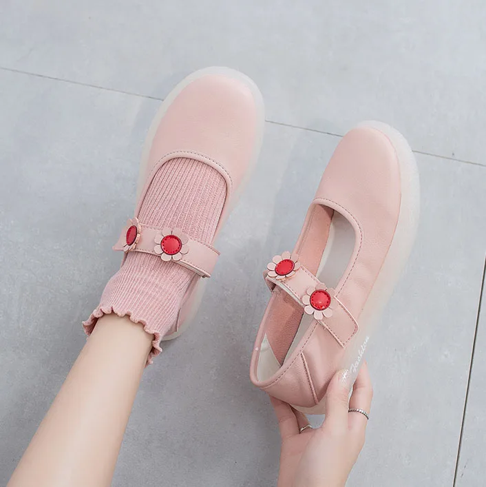 pink Милая обувь Мэри Джейн с круглым носком и пряжкой; женская обувь на плоской подошве; сезон весна-лето; повседневная обувь для свиданий; цвет розовый, белый; Милая женская обувь в стиле Лолиты - Цвет: pink