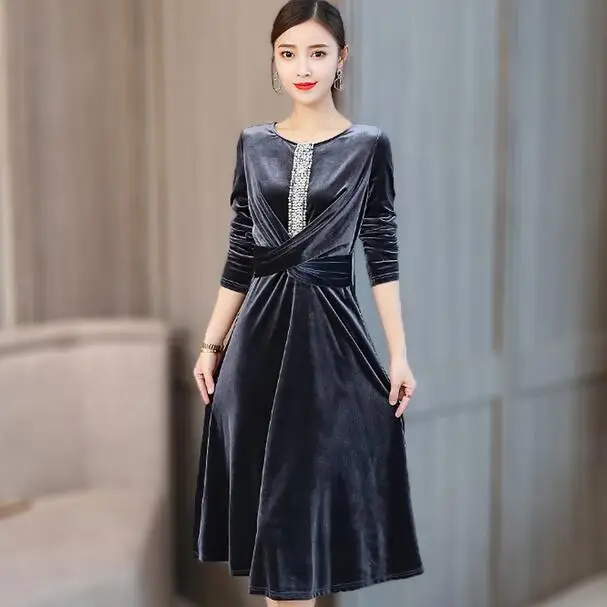 Велюровое платье с длинным рукавом 2020 элегантное бархатное миди высокой талией